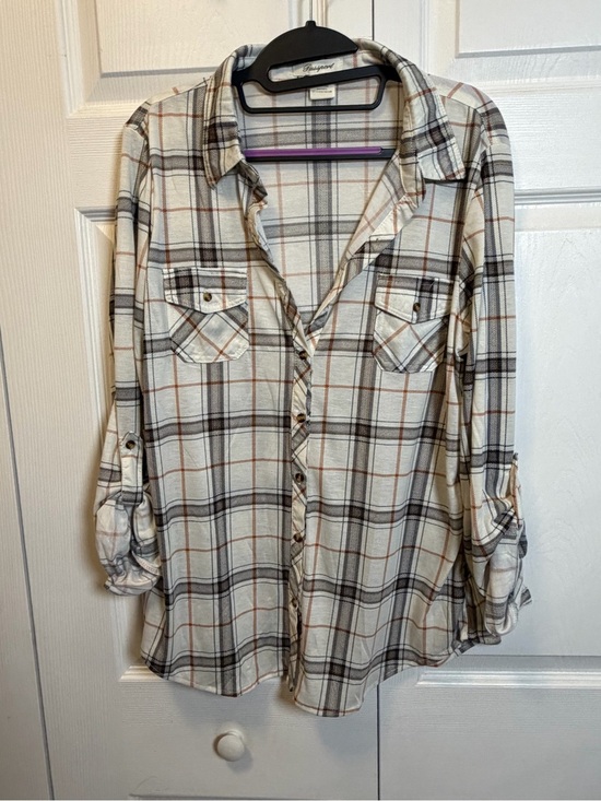 Passport Tops - Passport Plaid Button Front Roll Tab Sleeve Shirt XL Beige Black Orange